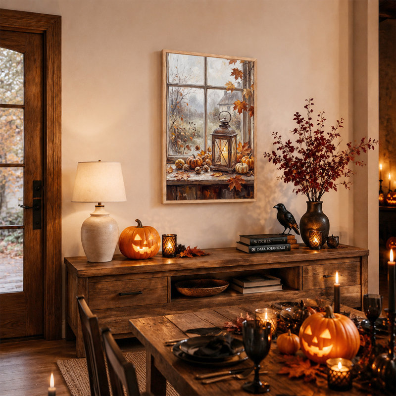Lanterne illuminée et citrouilles sur une fenêtre pluvieuse - Tableau sur toile pour l'Halloween, 48"H x 36"W