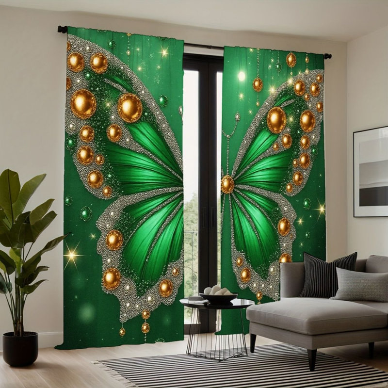 2Pcs Emerald Butterfly Curtains, Green With Gold Ornaments Pattern, Rod Pocket Light Filtering, Luxurious Elegant Style, All-Season For Living Room Bedroom Home Decor