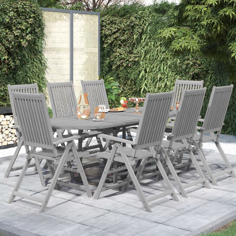 Jamayra 8 - Person Acacia Solid Wood Patio Dining Set Extendable and Umbrella Hole Included Oval Table, Grey