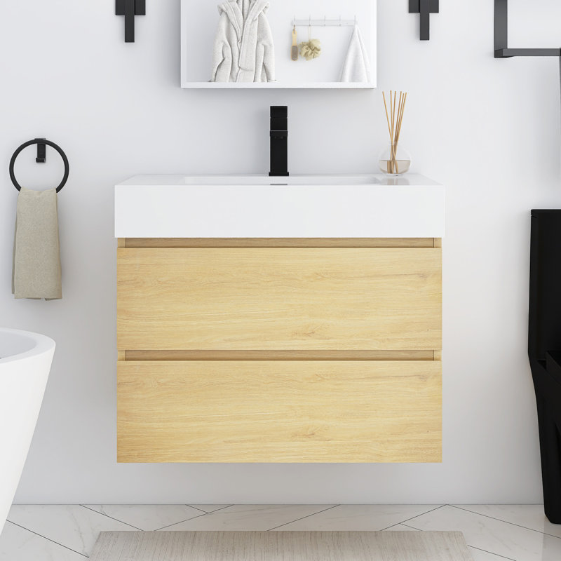 Ensemble de meuble-lavabo mural 30 po avec lavabo en résine Lauma, Naturel