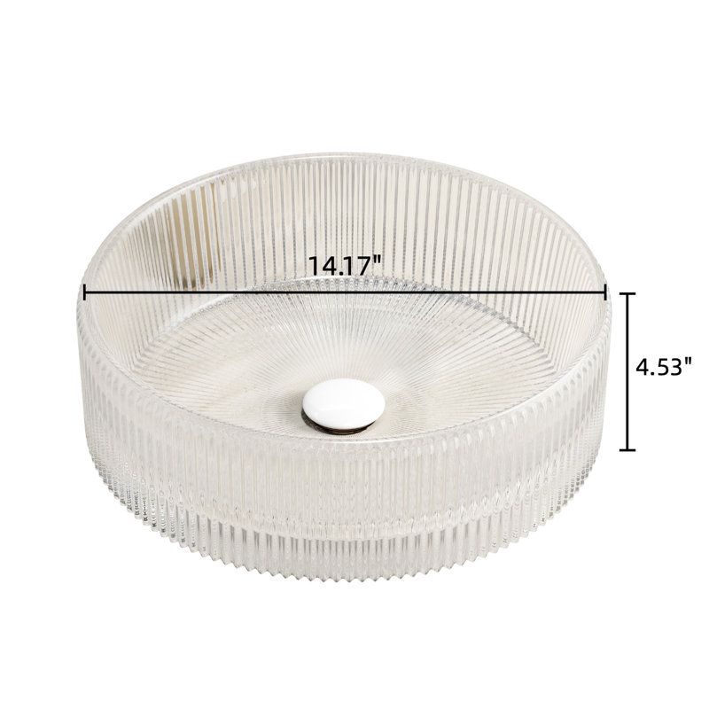 14 - Inch Bathroom Sink, Transparent Round Crystal Glass, Artistic Stripes, Suitable For Countertop Use, And Refreshing, 14.09*4.5 Size, Recommended Drain Hole 14.09 Glass Sink Bathroom, No Faucet,