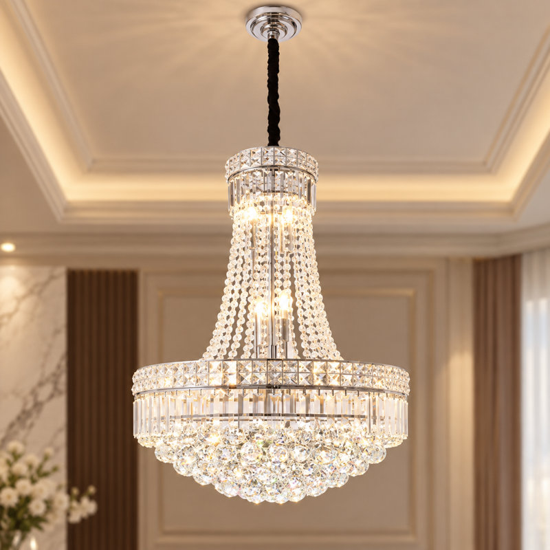 Lustre Empire argenté à six niveaux en cristal de 61 cm (24 pouces) avec perles en cascade pour une ambiance majestueuse dans le salon, la salle à manger et le hall d'entrée