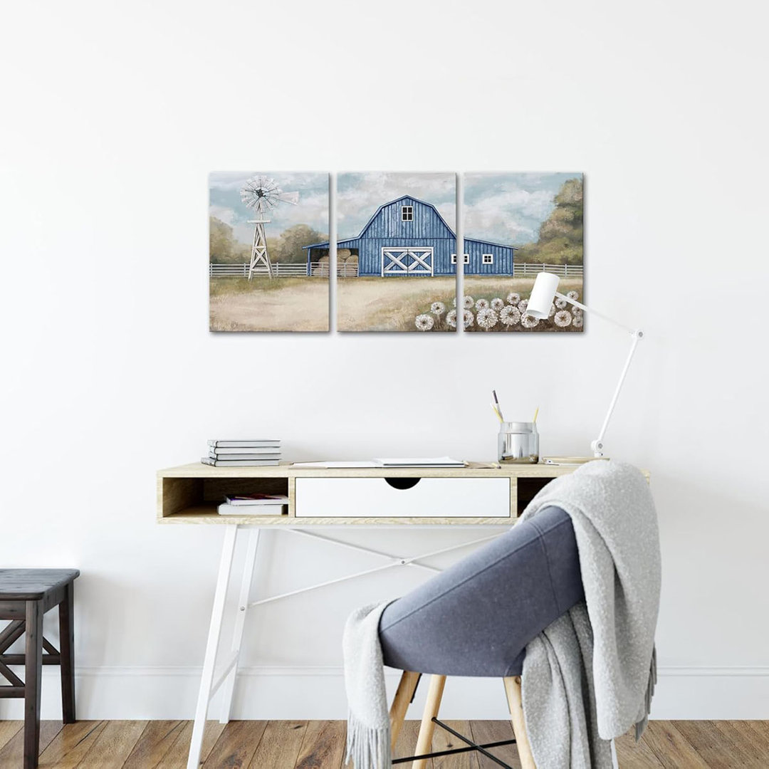 Visual Art Decor Farmhouse Wall Art Country Barn Windmill Painting Wall Decor Framed Artwork Farmhouse Landscape Wall Decor (Blue)