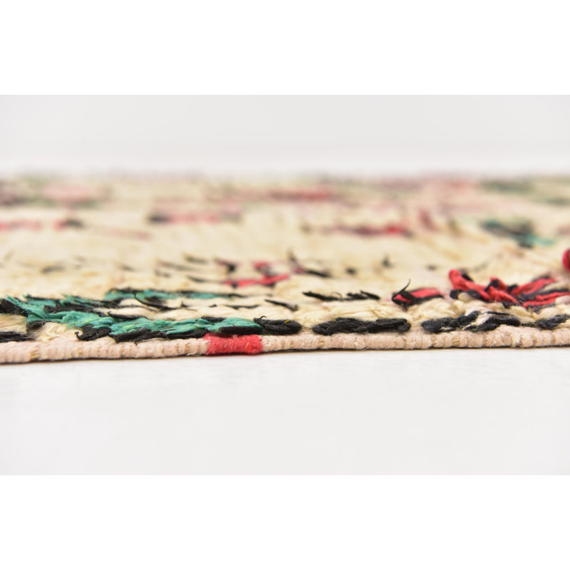 Tapis de zone en laine beige/vert/rouge 3 pi 10 po x 8 pi 2 po one-of-kind à la main noué la Saxmundham