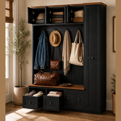 79" Farmhouse Hall Tree with Storage Bench, 4 Hooks, 2 Cabinets, 4 Drawers & Side Storage, 5-in-1 Entryway Organizer