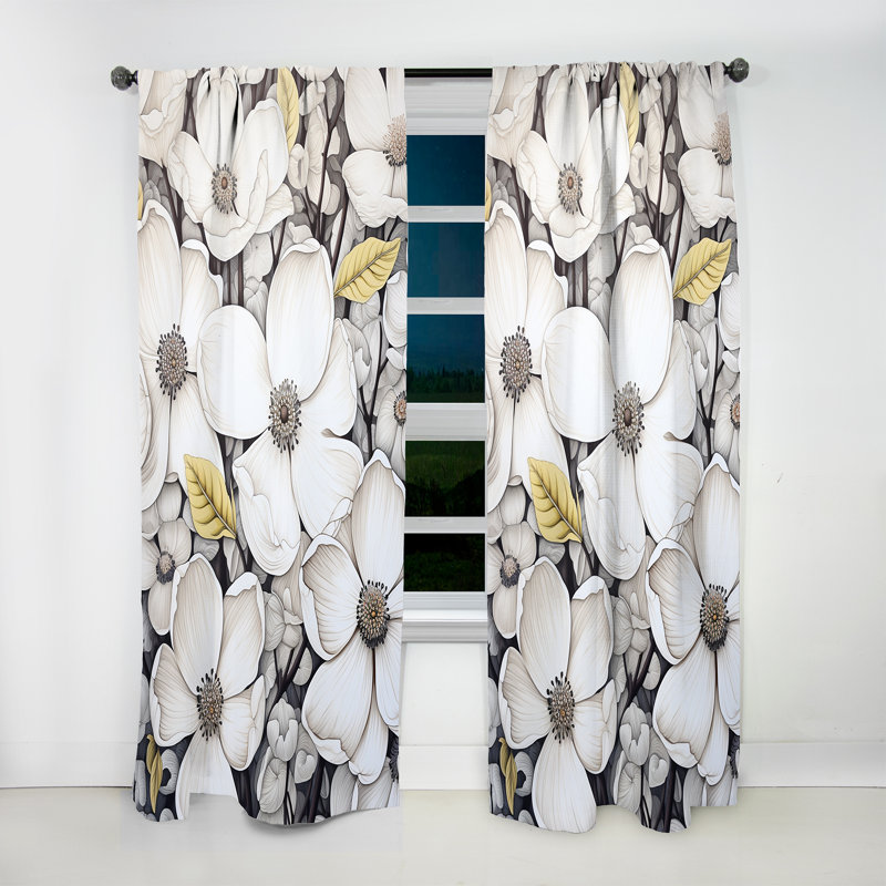 Black And White Dogwood Calmness II - Dogwood Curtain - Room Darkening Floral Curtain - 1 Panels, 52" W x 95" L