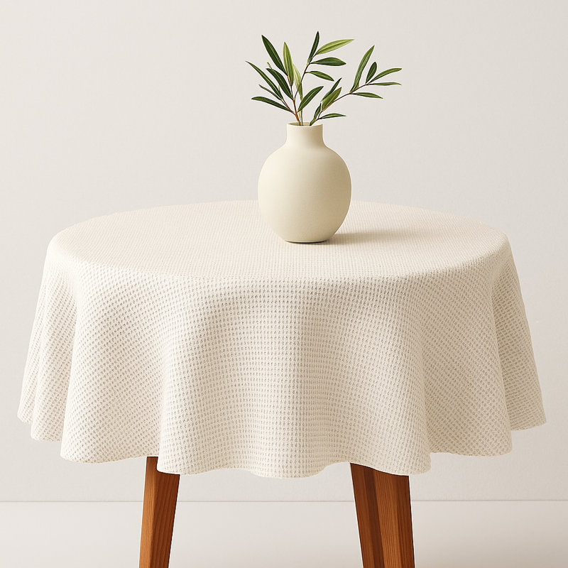 Waffle Weave Solid Color Tablecloth Round, Round 72", Ivory
