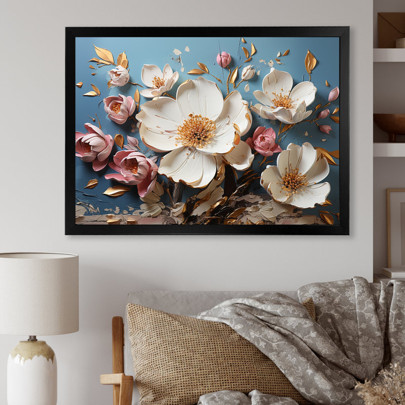 Fleurs de coquelicot blanches et roses - Art floral abstrait, H 16 po x l 32 po x P 1 po, Cadre d'angle fermé noir
