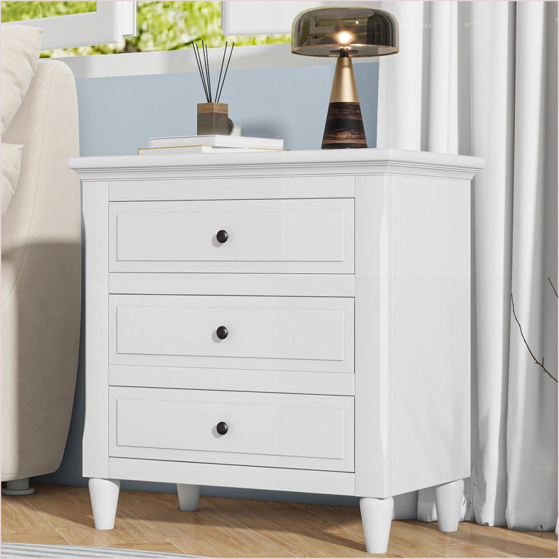 U_STYLE 28'' Modern 3-Drawer Nightstand with Rubber Wood Legs, White