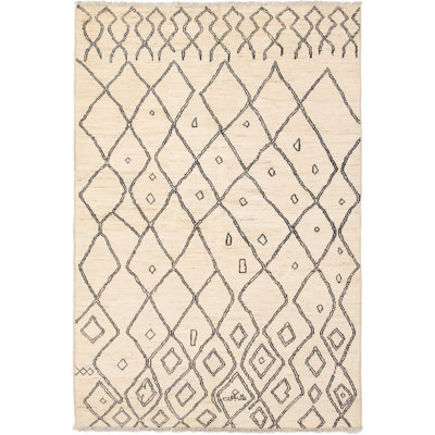 Tapis en laine crème/brun 4 pi x 9 pi 5 po one-of-kind à la main noué la Grogan