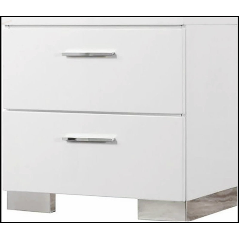 Table de chevet contemporaine à finition ultrabrillante avec deux tiroirs de rangement, parfaite pour décorer et organiser une chambre à coucher moderne.