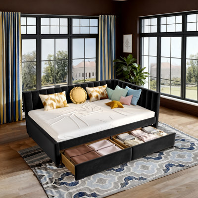 Velvet L Shaped Daybed With Storage Drawers, Upholstered Corner Sofa Bed For Living Room Guest Room by Latitude Run