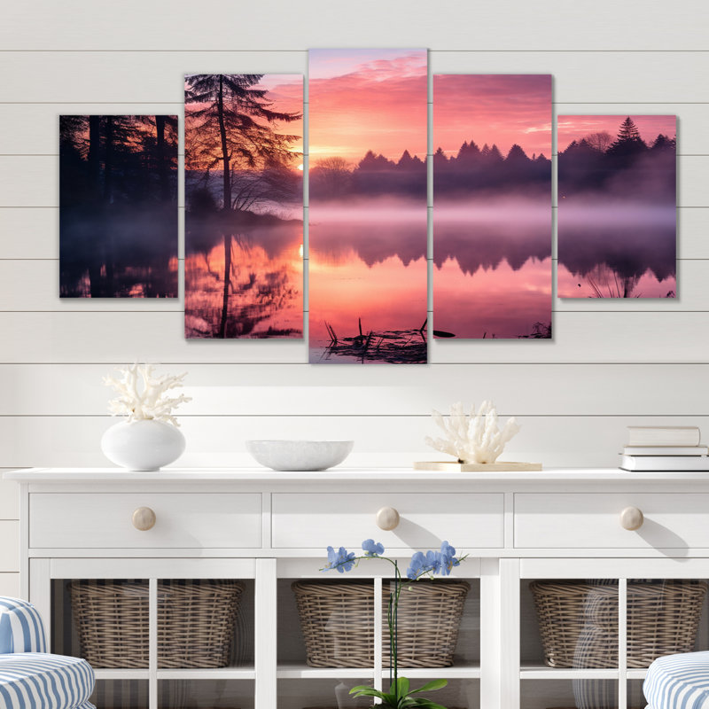 «Pastel Sunrise Misty Mountain Lake II», reproduction d'art murale - 5 panneaux