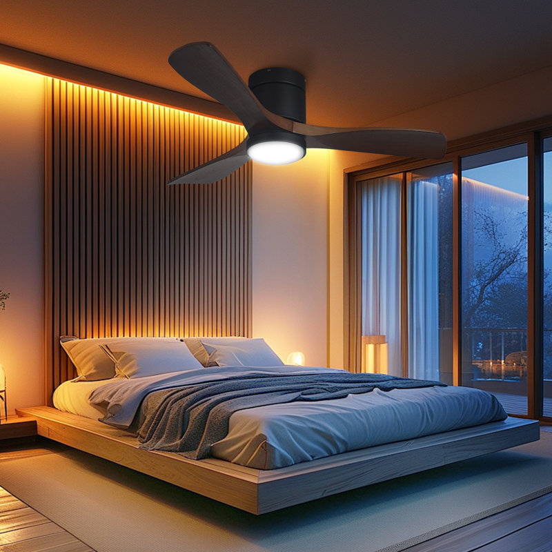 Ventilateur de plafond moderne à 3 pales de 42 po avec lumière DEL et ventilateur encastré à télécommande avec pales en bois massif à 3 vitesses 6 couleurs
