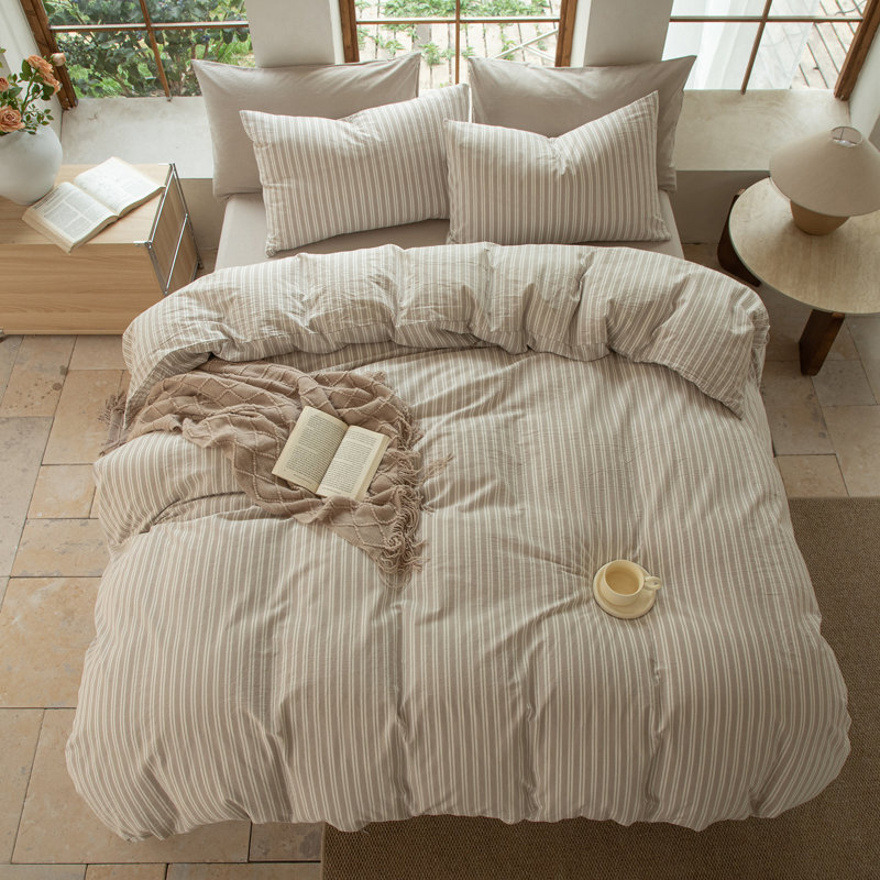 DONEUS Striped Duvet Cover Set 100% Washed Cotton Linen Like Soft Feelling Breathable Bedding, Beige/White