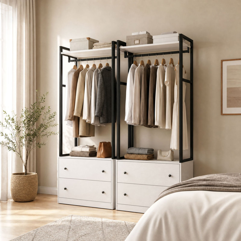 Contemporary Open Wardrobe Closet with 4 Drawers & Hanging Rods – 2-Piece Modular Bedroom Storage Organizer