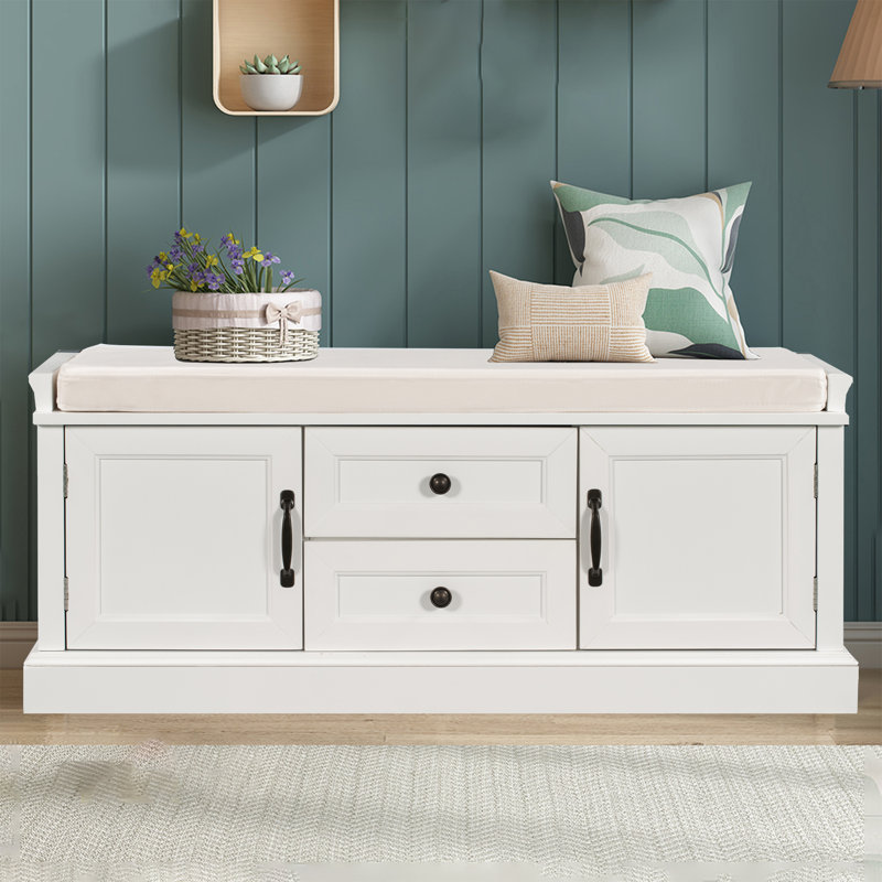 Banc de rangement pour chaussures de 42,5 po de largeur avec banc de rangement à coussins avec 2 tiroirs et 2 armoires, Blanc