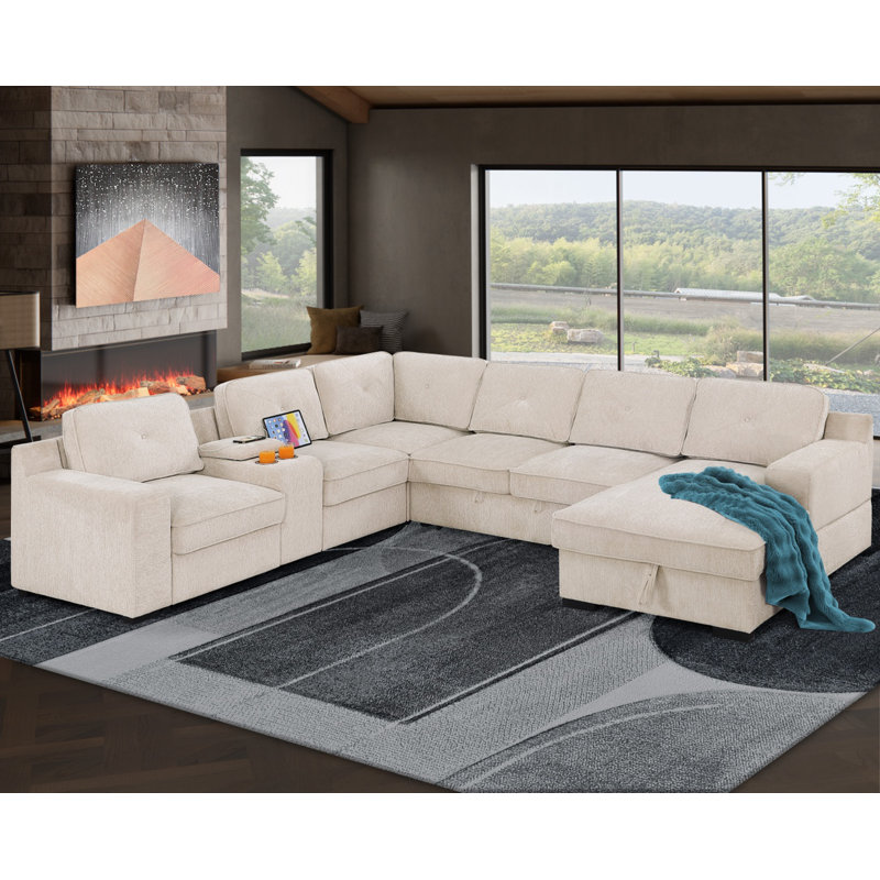 120" U-shaped Chenille sectional sofa with side table USB A/Typc C Pull out Sleeper Sofa with Storage Chaise, Beige Chenille