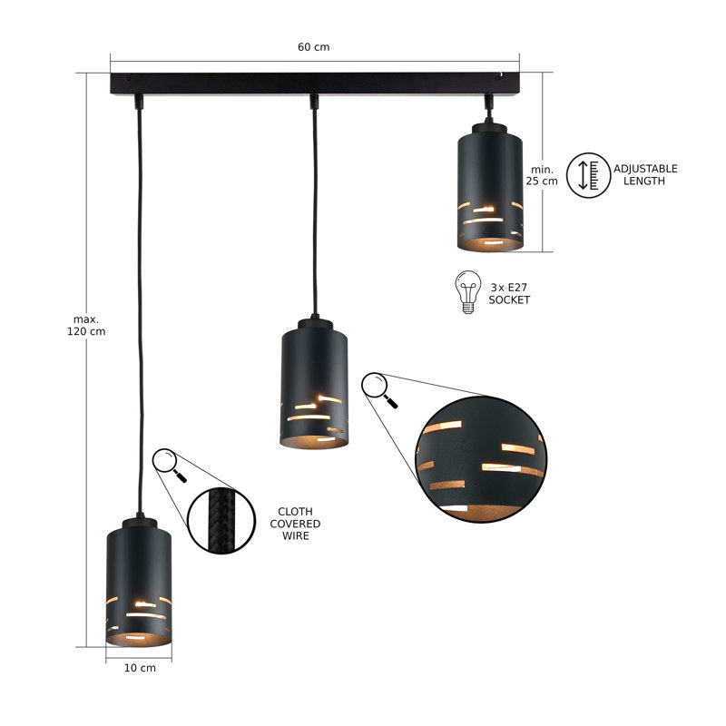 - Light Pendant, Black, 3 Lights