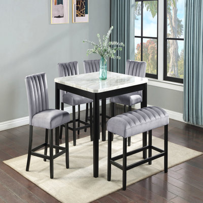 6-Piece Contemporary Counter Height Dining Set: Square Faux Marble Table, Upholstered Chairs + Bench, Channel Tufting Solid Wood