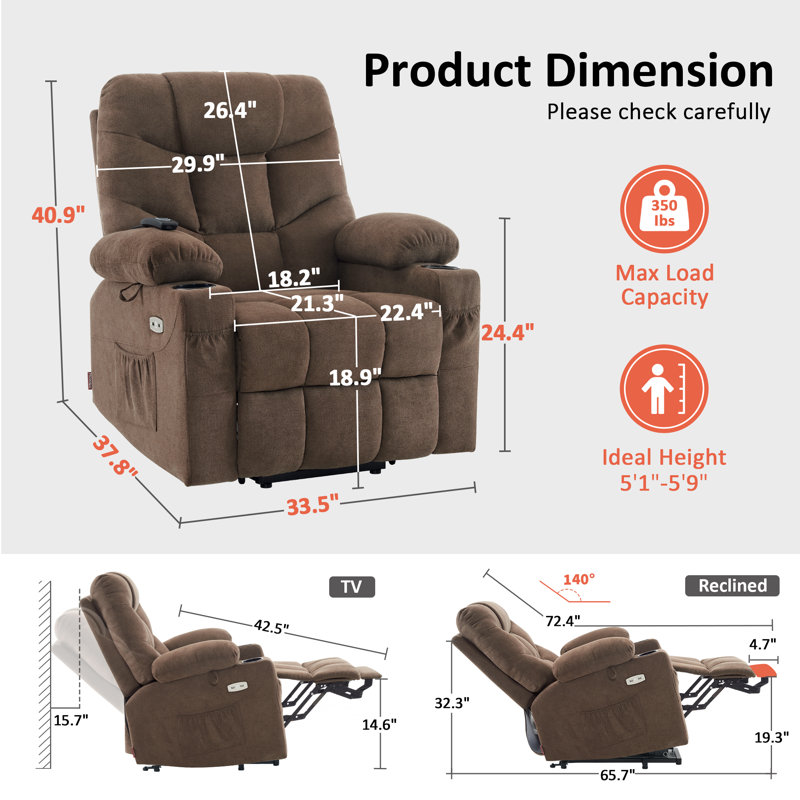 Power Recliner Lift Chair with Extended Footrest with USB & Type-C Charging, Fabric, Brown