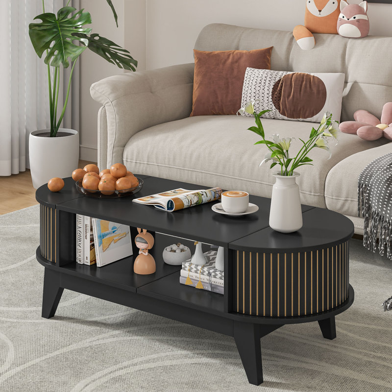 Table basse ovale de 46,45 po avec rangement, table d'appoint cannelée pour le salon, Noir, noir, noir, noir