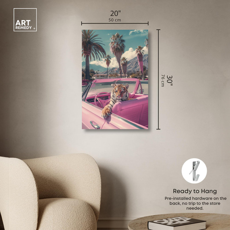 Art mural rose Rosy Tiger's Ride I, H 30 po x l 20 po, Toile tendue