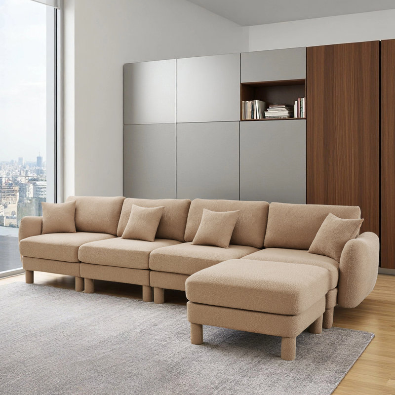 Boucle Fabric Convertible L Shape Sectional 4-Seater Sofa Couch With Distinctive Shell-Shaped Armrests And Removable Ottoman