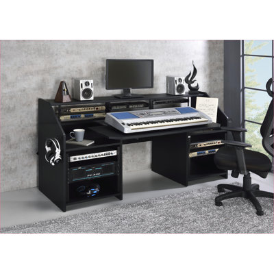 Desks: Black Music Desk with Storage, Cable Management &amp; Earphone Rack | Synthetic Wood