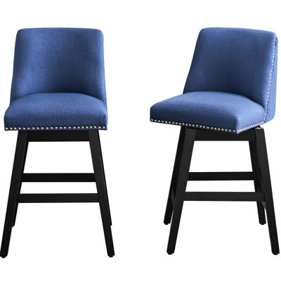 26 po de 2 tabourets de comptoir pivotants de 2 - Lin, tête de clou, bleu foncé, base en bois stable pour îlot de cuisine à haut dossier, coin repas confortable
