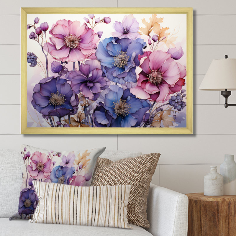 Mauve et fleurs mystiques IV - art botanique abstrait, H 24 po x l 32 po x P 1 po, Cadre doré simple