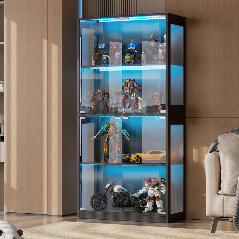 Display Cabinet With Glass Doors, 4-tier Curio Display Case, Collectibles Display Shelf With 12 Color Lights, Toy Bookshelf And Bookcase Cabinet For Collectible Playroom, Living Room