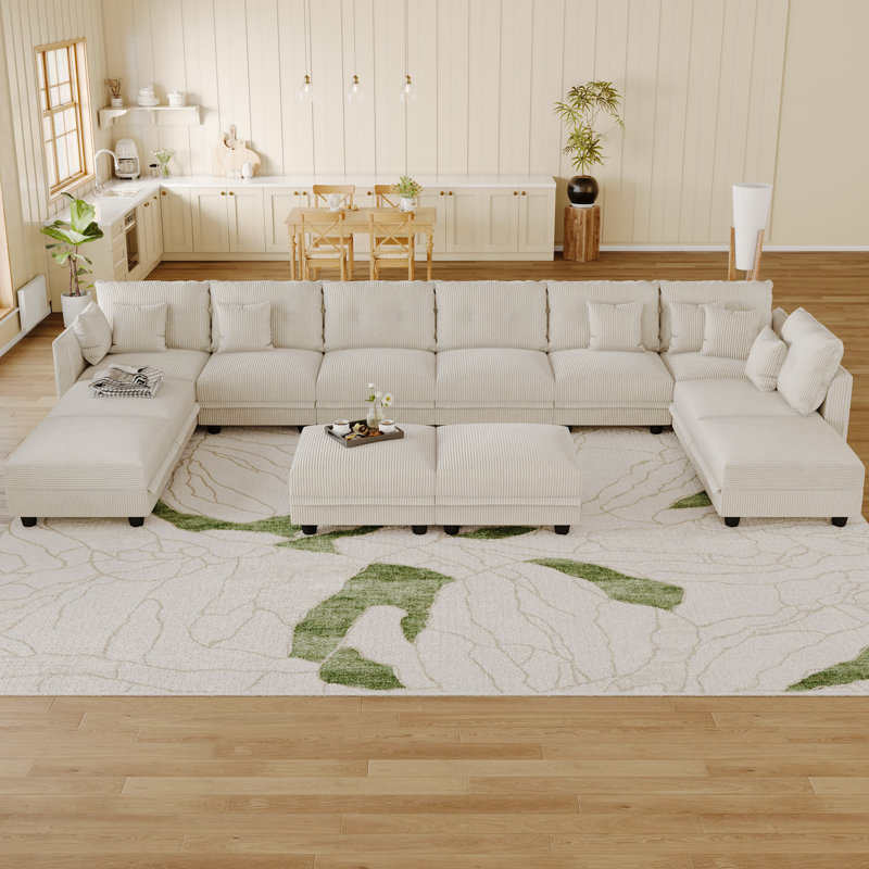 12 Seat Corduroy Convertible Modular Sectional Sofa With Storage, 7 Back Cushion 7 Throw Pillow, Beige Corduroy