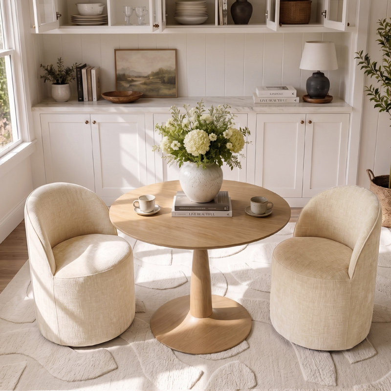 Ensemble de table de salle à manger pour 2 personnes avec table ronde et 2 chaises roulantes rembourrées avec roulettes cachées
