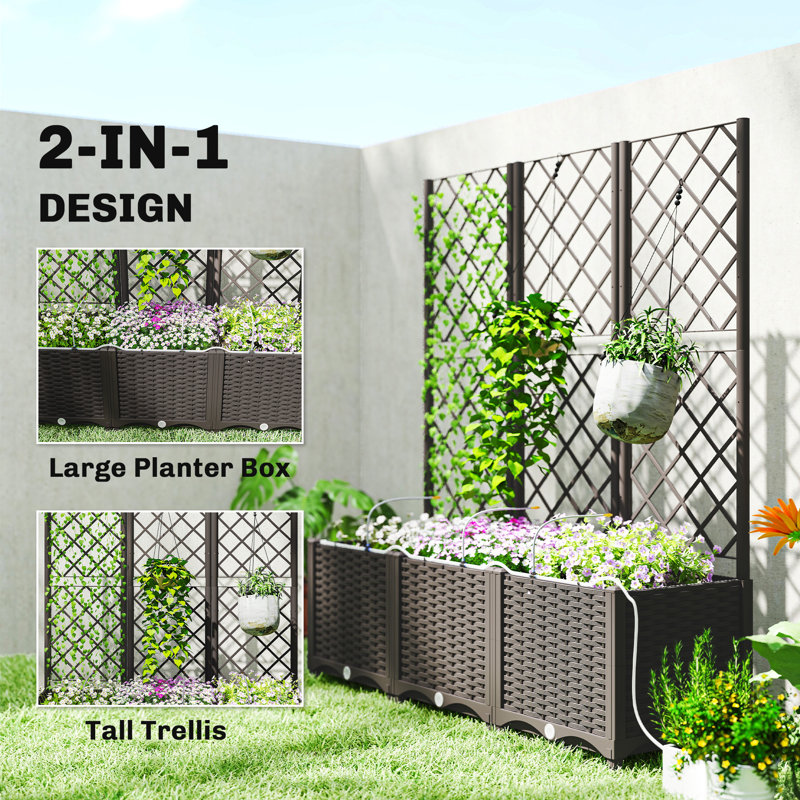 3PCS Plastic Planter Box with Trellis, Self-Watering Raised Garden Bed with Trellis and Automatic Watering Timer Kit, Outdoor Raised Planter with Drainage Holes, Plugs and Water Reservoir