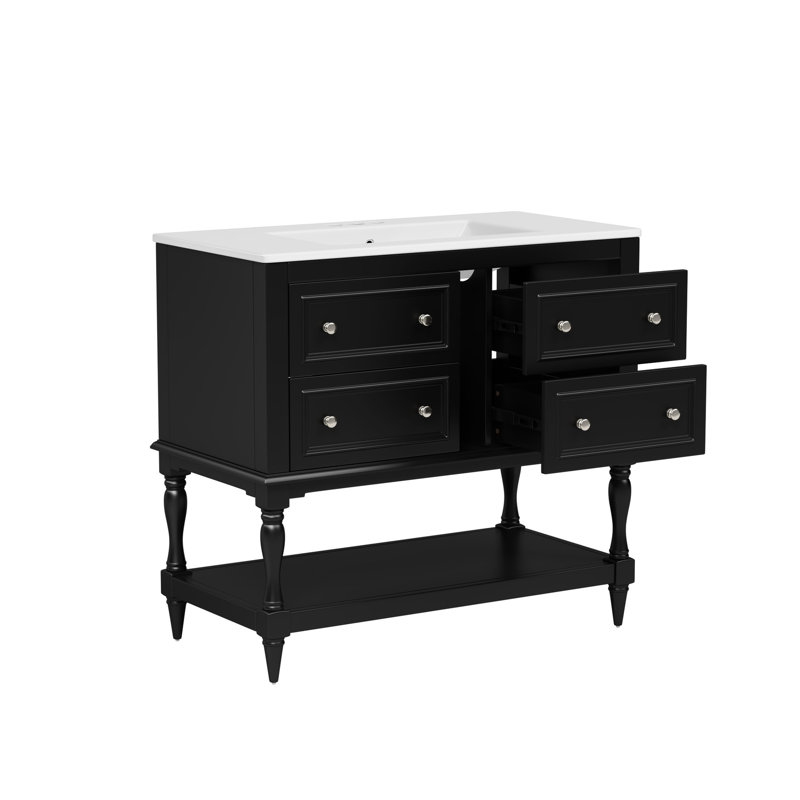 Meuble-lavabo de salle de bain 36 po - Noir. Bois massif, 4 tiroirs. Lavabo sous-comptoir en céramique. Rangement spacieux. Assemblage facile avec le bois et l'armoire. Espace de tiroir. Accessoire élégant. Simple