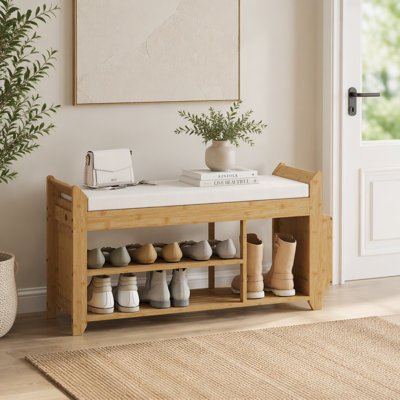 Banc à chaussures avec siège rembourré, banc d'entrée à 2 niveaux avec porte-parapluie latéral, range-chaussures en bambou naturel de 39,4 po pour couloir, salon, naturel et crème