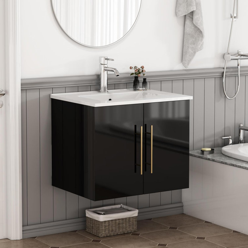 Meuble-lavabo mural double avec lavabo en céramique, Noir