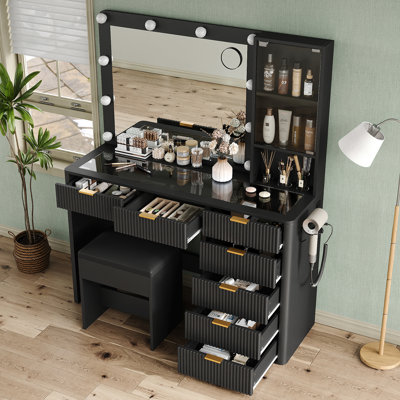 47'' W Fluted Vanity Desk, Makeup Vanity With 10 LED Lights And Mirror, 3 Lighting Modes Adjustable, 7 Drawers Makeup Table With Power Oultlet, Vanity With Chair, Glass Top Vanity Set