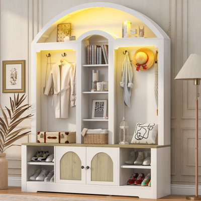 Multi-Functional Entryway Wardrobe with Shoe Rack, Hanging Rod & Hooks, Modern Storage Cabinet, MDF, White+Walnut