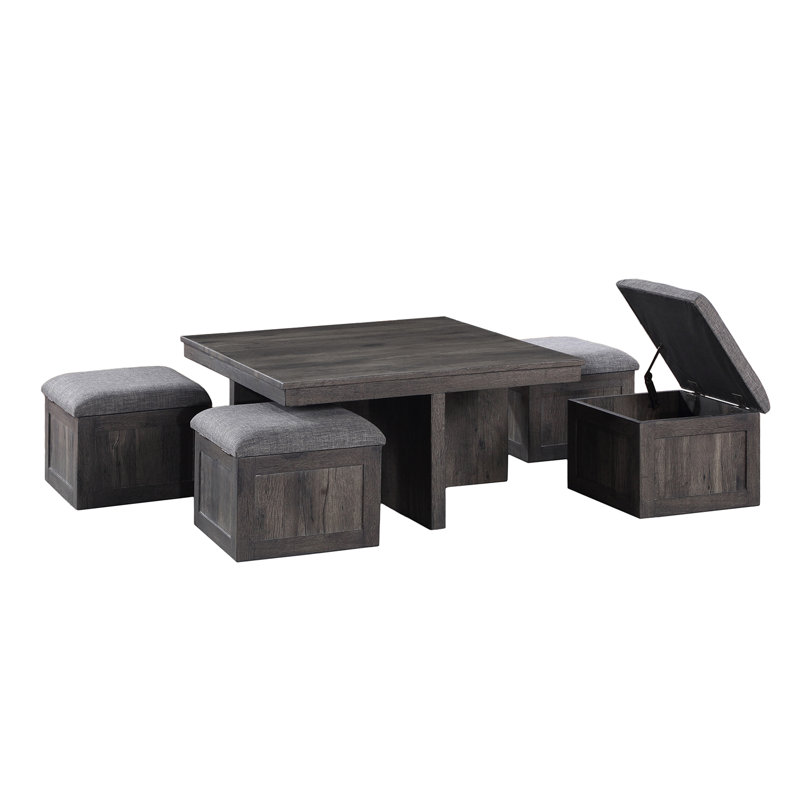Table basse carrée avec 4 tabourets de rangement rustiques, Rustique