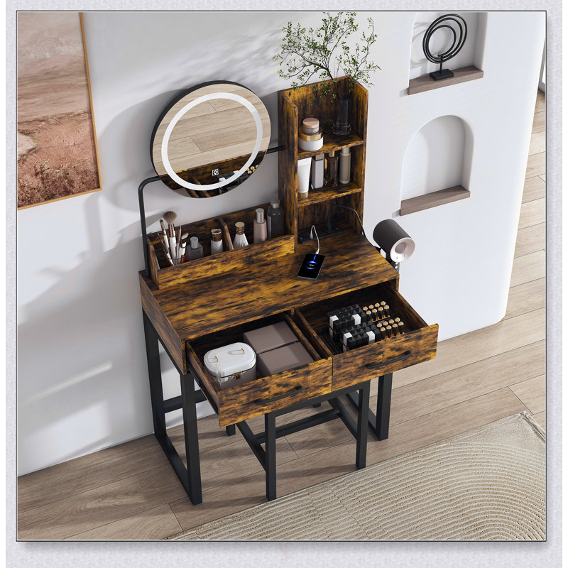 LED Lighted Makeup Vanity With 3 Color Options And Power Outlets, Spacious Storage, Sturdy Metal Legs, And Chair For Bedroom Or Dressing Room