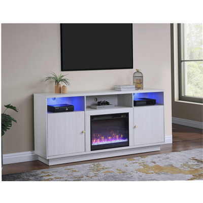 Ambrose 70"W White Walnut Finish Fireplace Console TV Stand with Heater, LED Light, Cabinets, Shelves