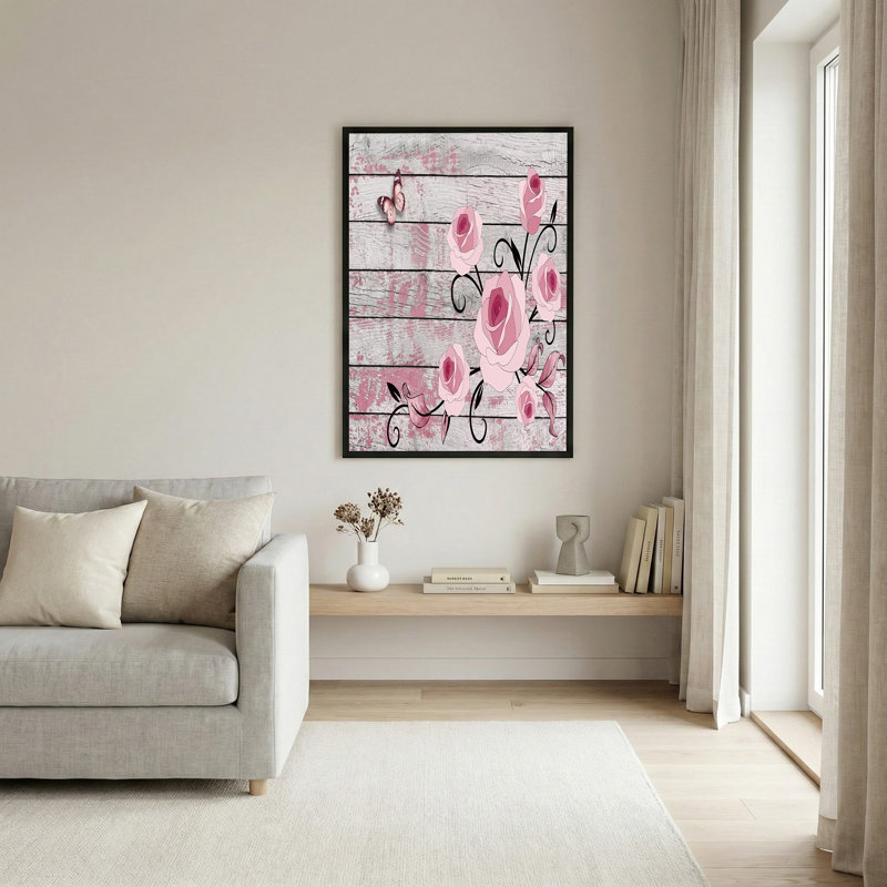 «Pink Roses and Butterfly» sur des planches de bois vieillies, art mural sur toile, 16"H x 24"W