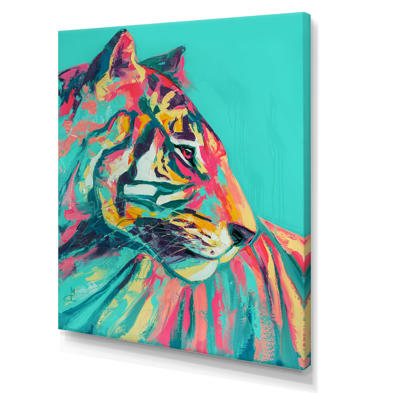 Pop Art turquoise et tigre rose - décoration murale moderne en toile, H 12 po x l 8 po x P 1,5 po, Toile tendue