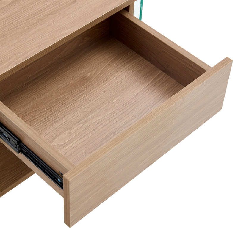 Table de chevet avec tiroirs. La surface de la planche est en panneau de fibres à densité moyenne avec un autocollant de grain de bois, et les deux côtés sont en verre trempé transparent. Le design est simple, élégant, avec d'excellentes fonctions 