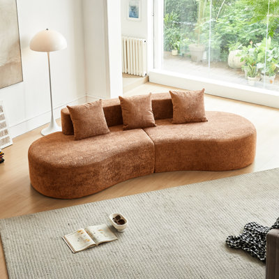 Canapé 3 places en velours orange, de forme incurvée, confortable et élégant, parfait pour les intérieurs modulaires, facile à assembler et convenant à un appartement