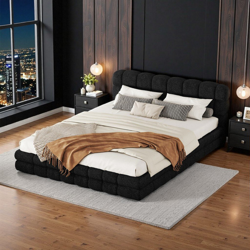 Grand lit plateforme tapissier en noir - Design moderne, aucun sommier nécessaire, Noir