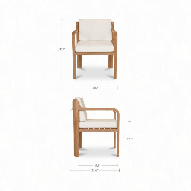 Chaise d'extérieur, structure en teck massif, dossier incurvé et accoudoirs inclinés en oléfine