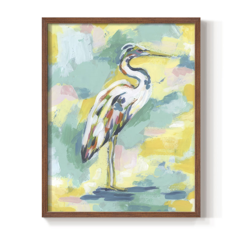 Bright Heron Fresco III, reproduction encadrée - bois massif, H 11 po x l 9 po, Noyer